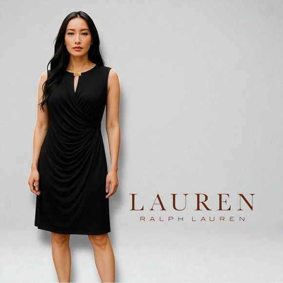 Lauren Ralph Lauren Essentials Black Faux Wrap Crossover Keyhole Dress SZ 10 NWT - Picture 6 of 9